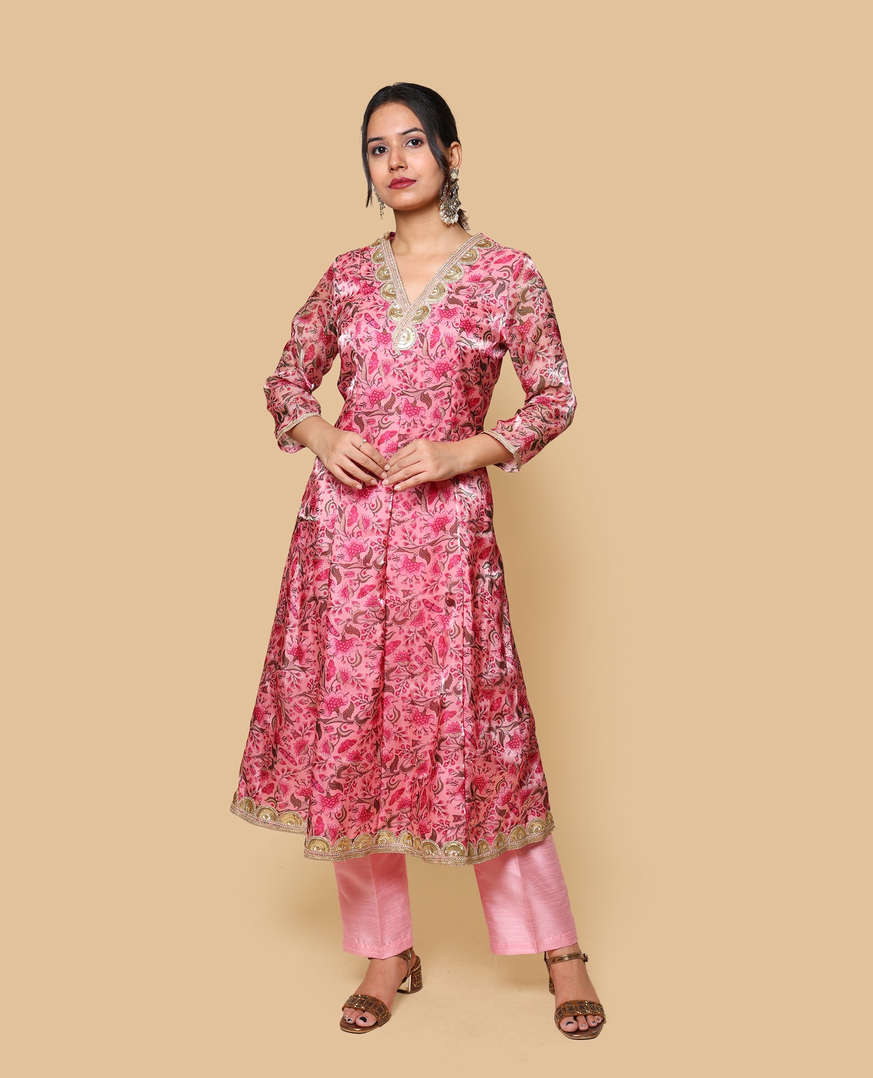 Kellpar  Pink Floral Kali Kurti with Pant