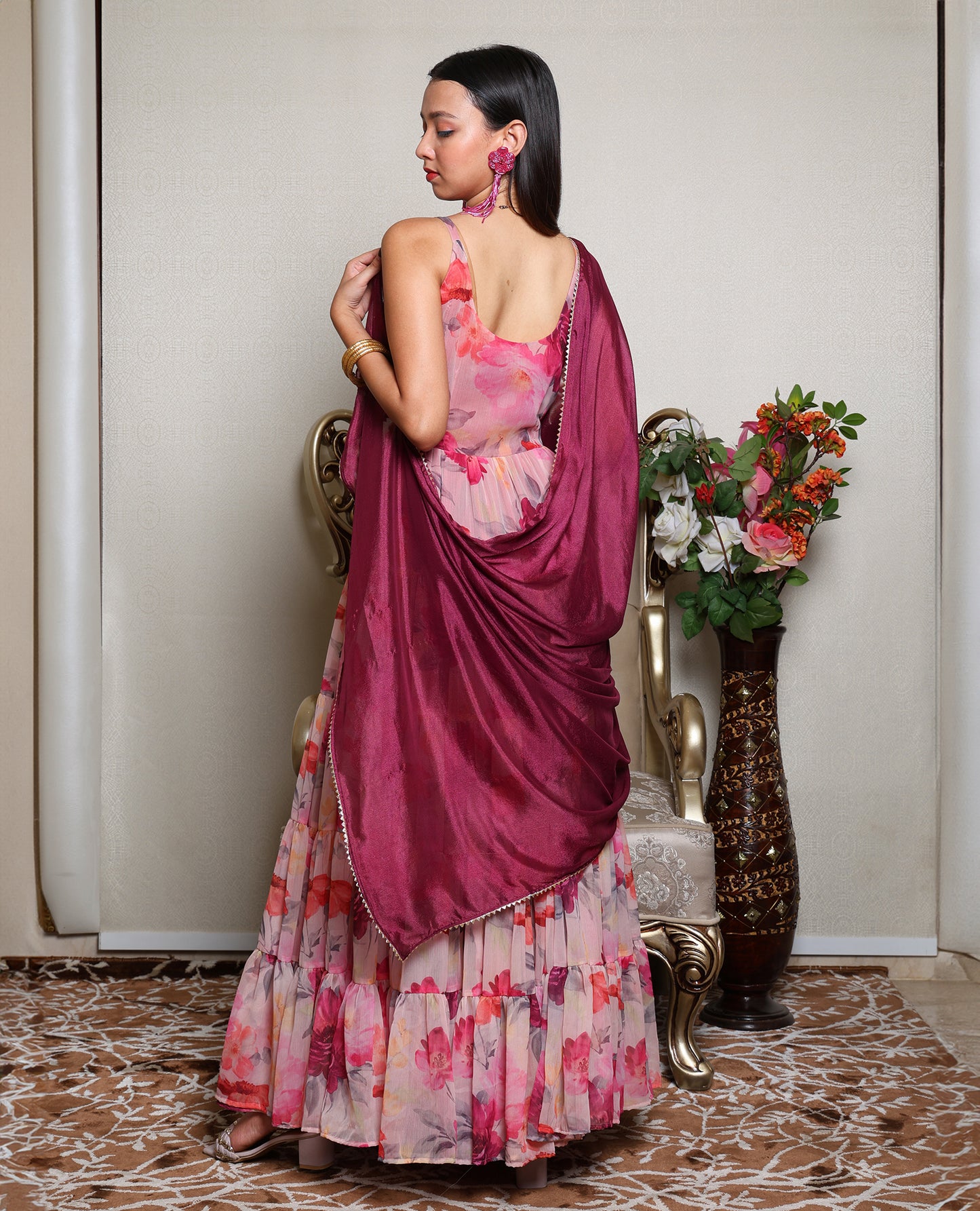 Kellpar Strap Floral Gown With Dupatta