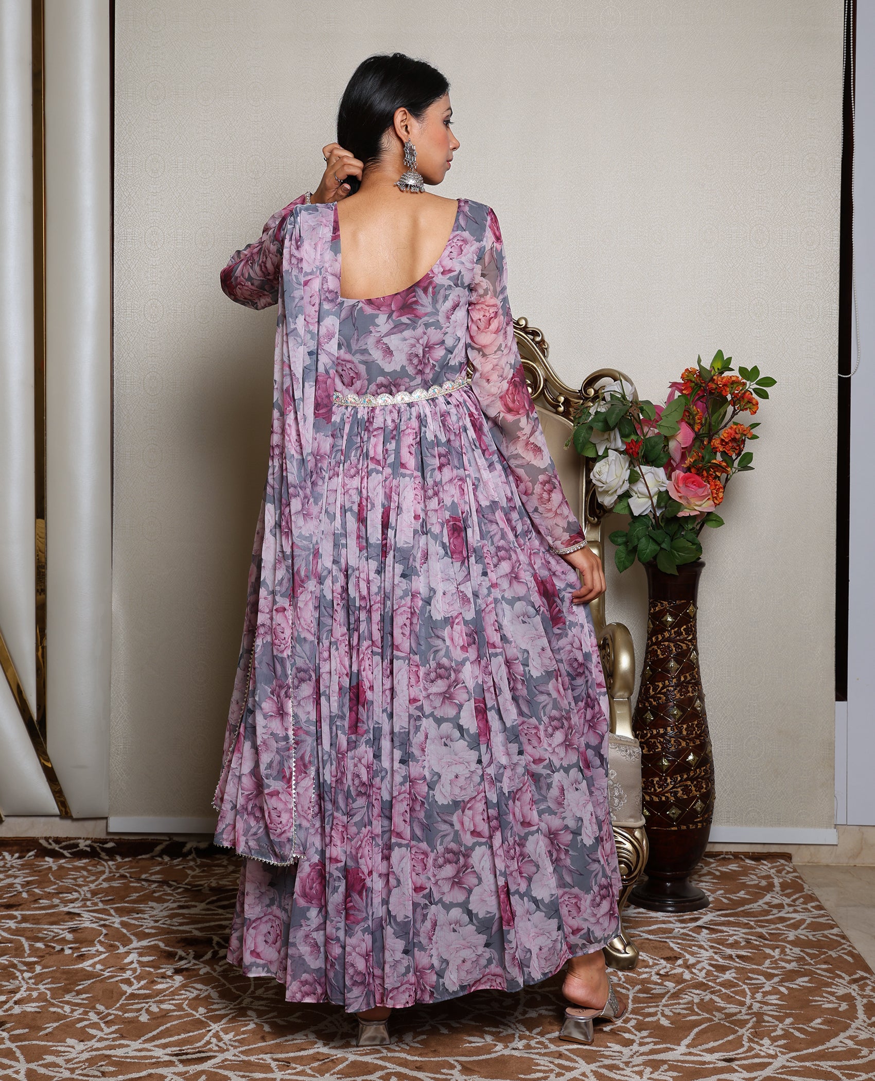 Kellpar Stunning Full Sleeve Floral Print Gown with Dupatta