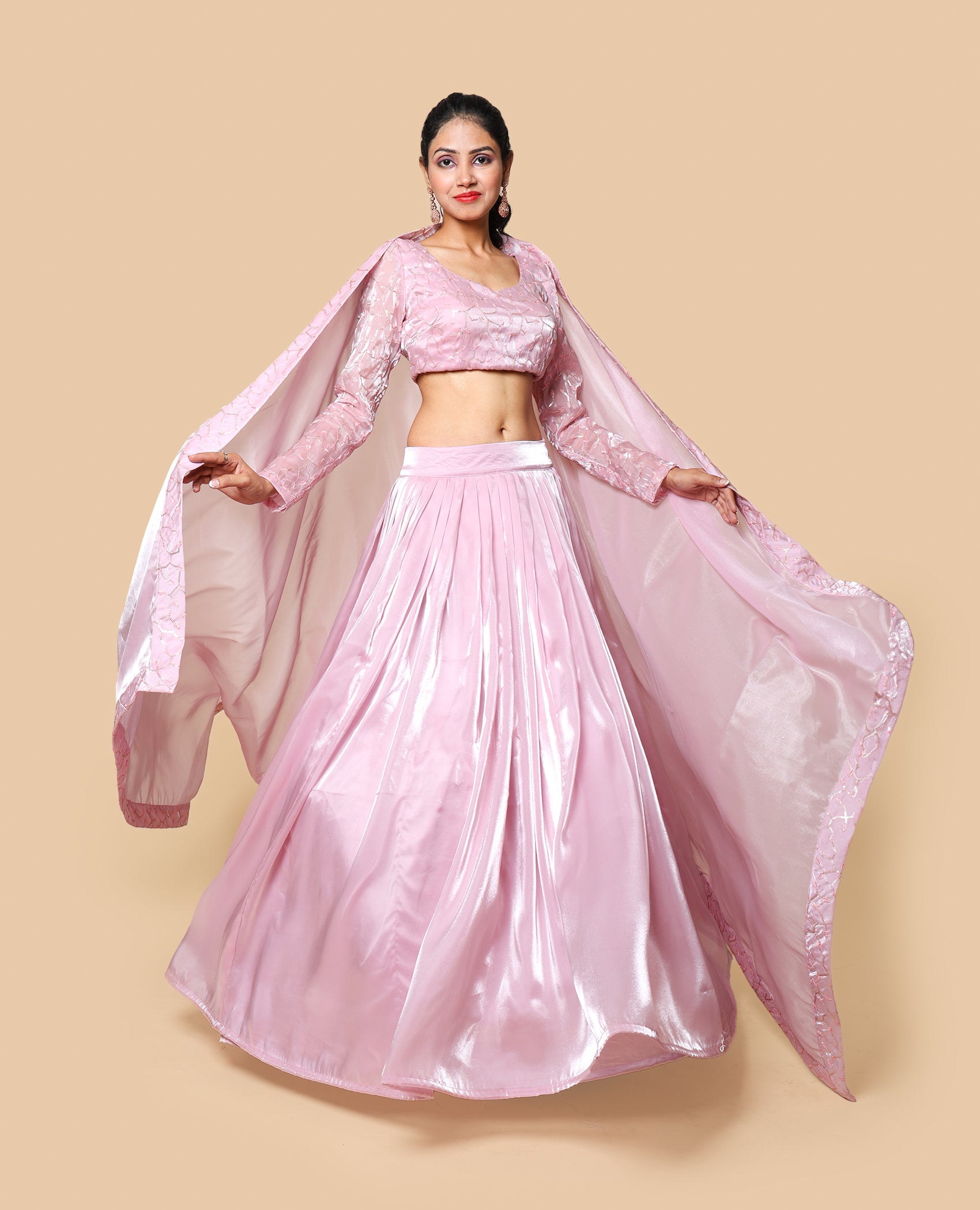 Kellpar  Shiny Pink Lehenga Set with Embroidery