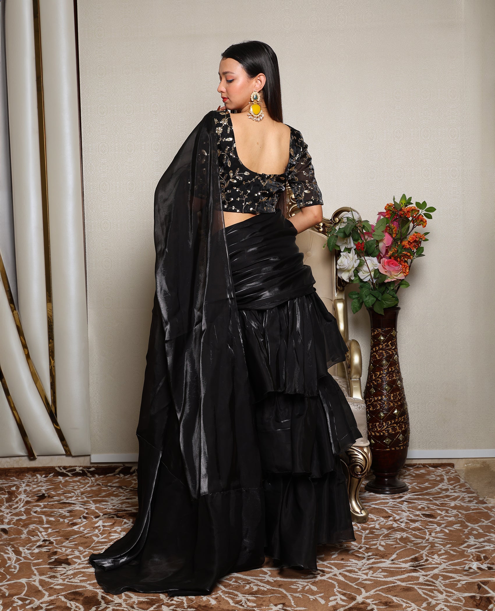 Kellpar Elegant Black Ruffle Saree