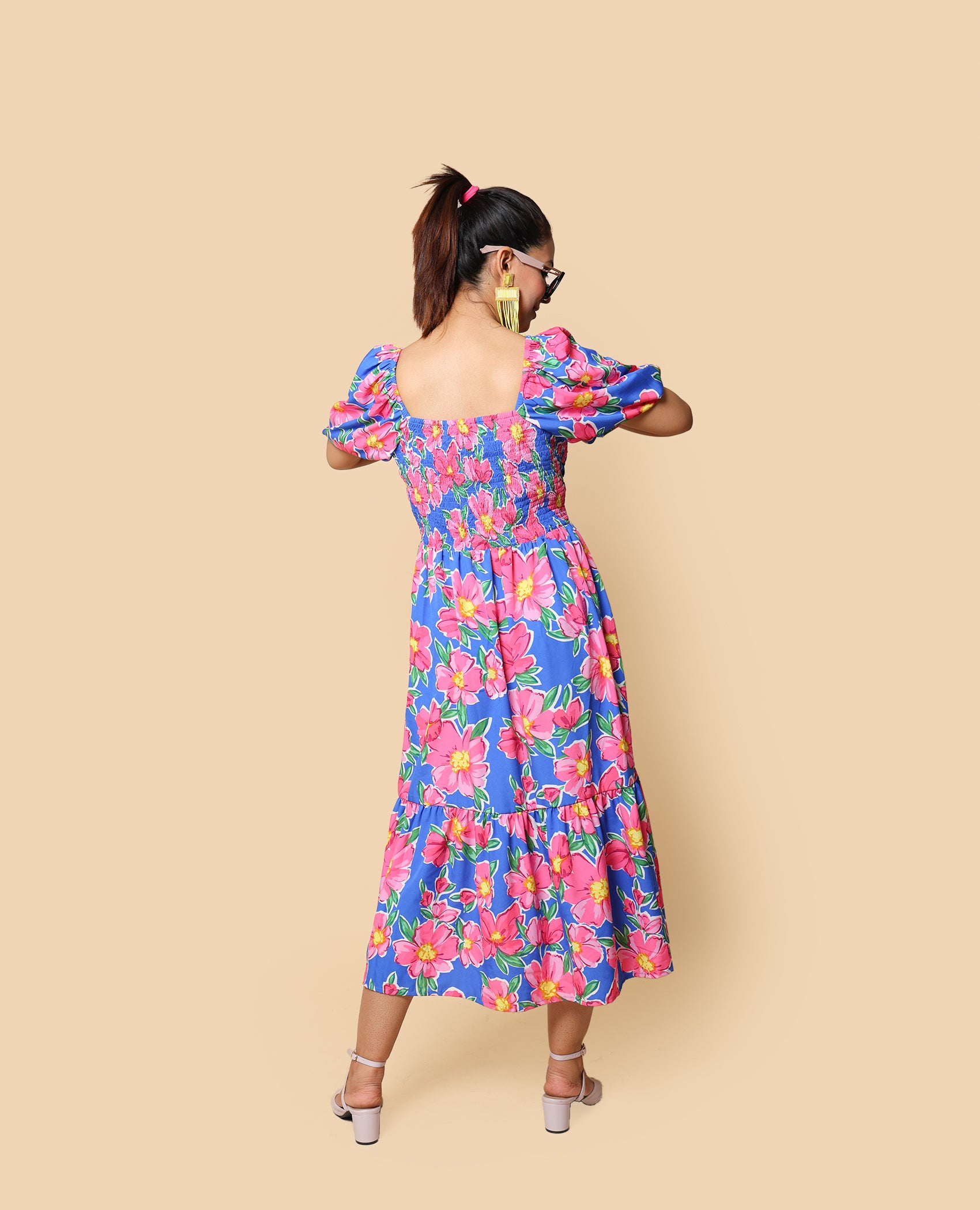 Kellpar Blue Floral Maxi Dress with Pink Flowers