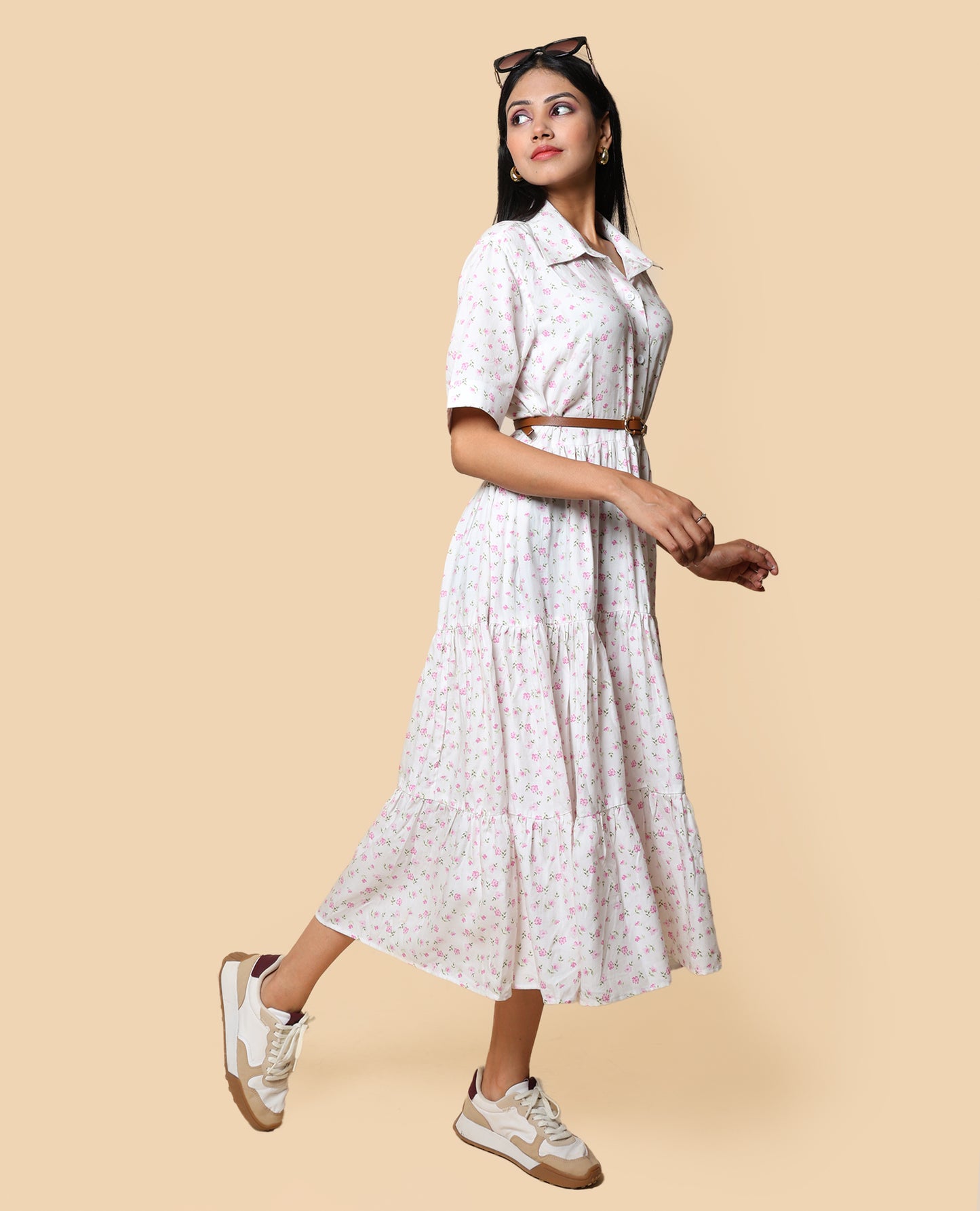 Kellpar Floral White Tiered Dress Without belt