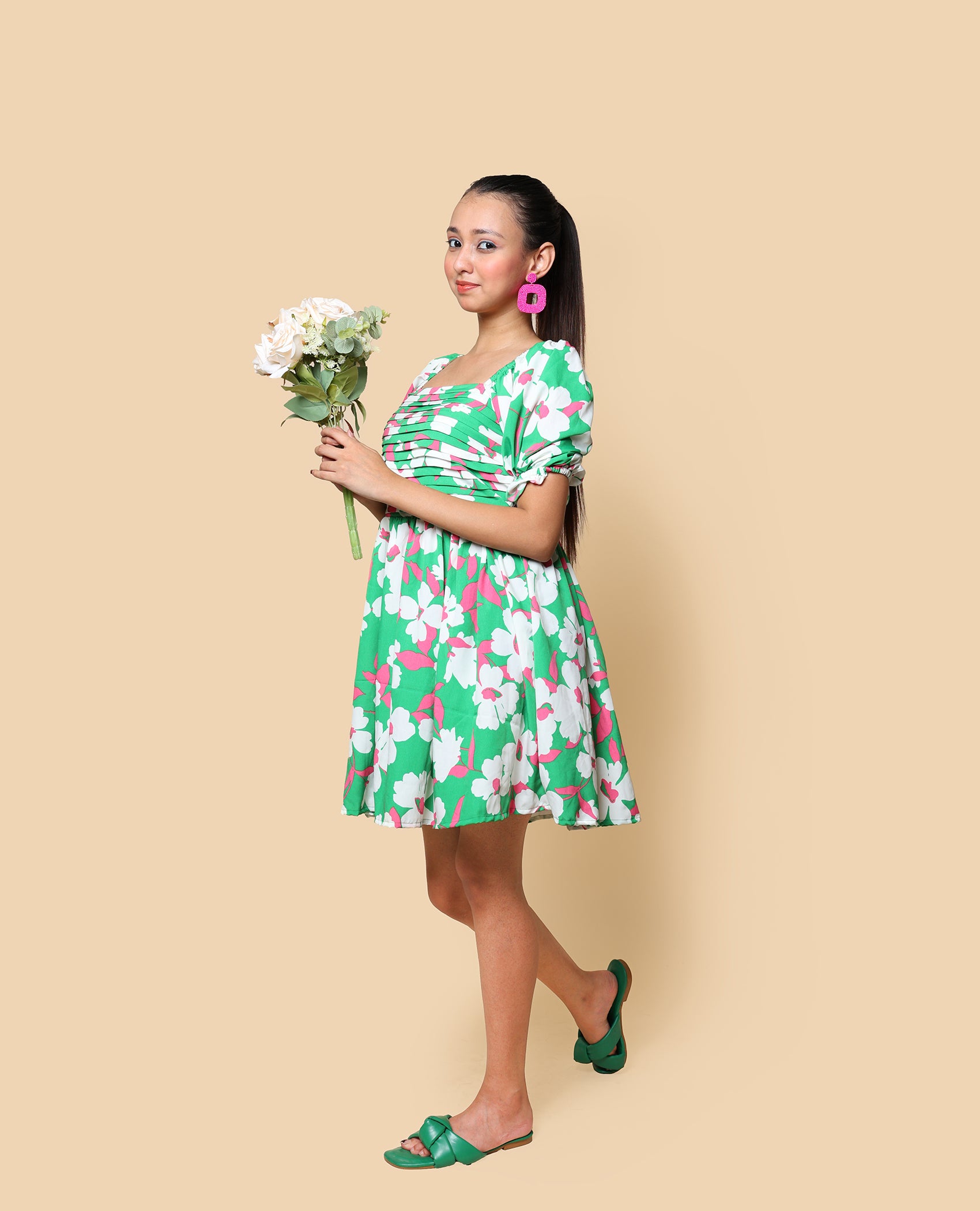 Kellpar Green Floral Front Pleated Dress