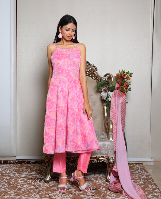 Kellpar Pink Strap Umbrella Kurti with Pant - Perfect for Everyday Wear!