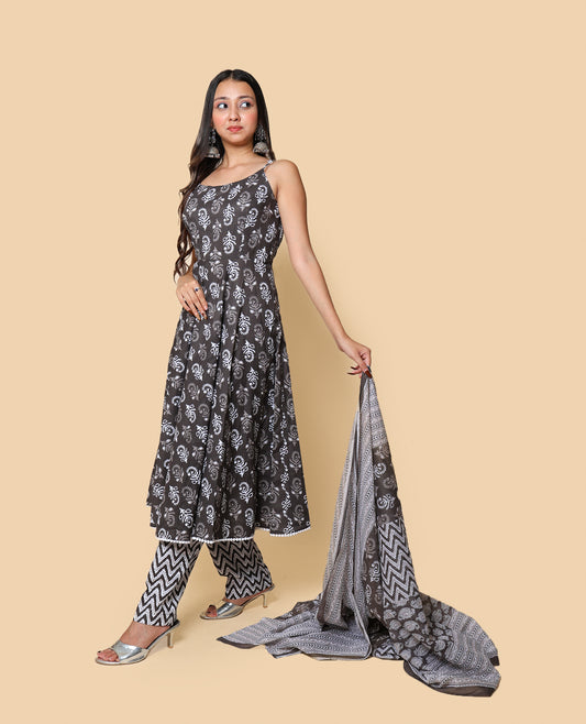 Kellpar  Cotton Frock Style Kurti with Pant and Dupatta Set