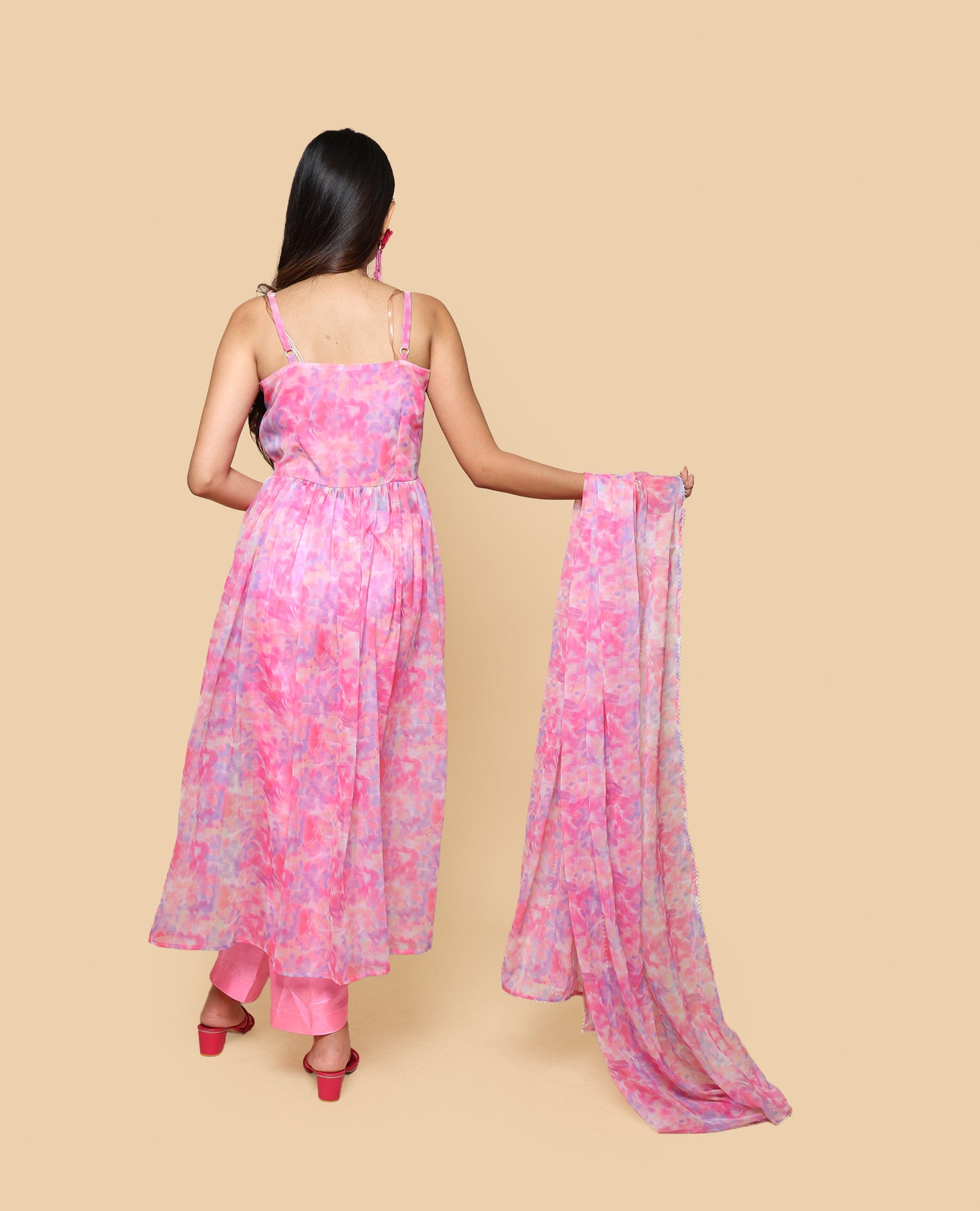 Kellpar Pink Chiffon High Slit Kurti Set