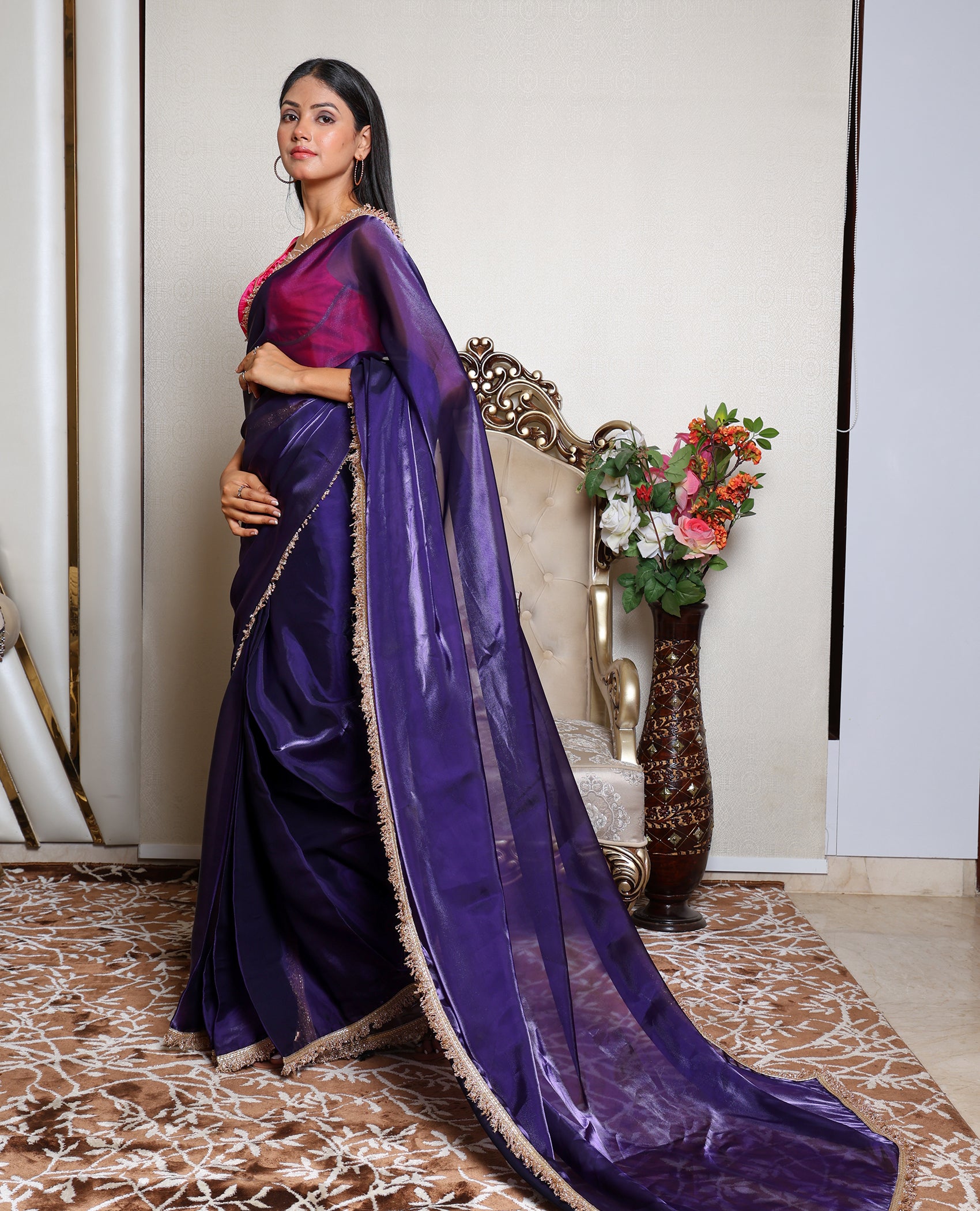 Kellpar Regal Purple Drape Saree with Dark Pink Blouse