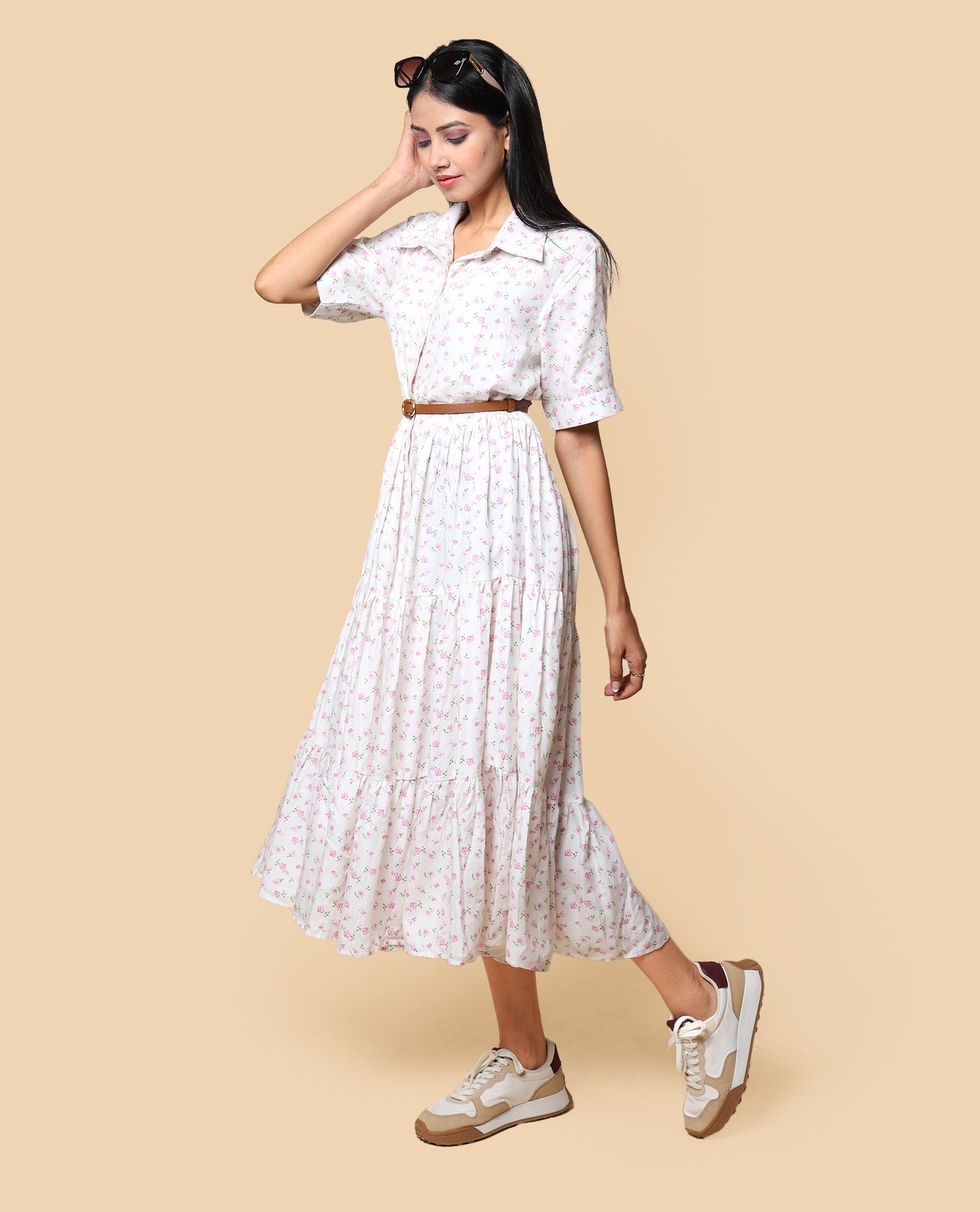 Kellpar Floral White Tiered Dress Without belt