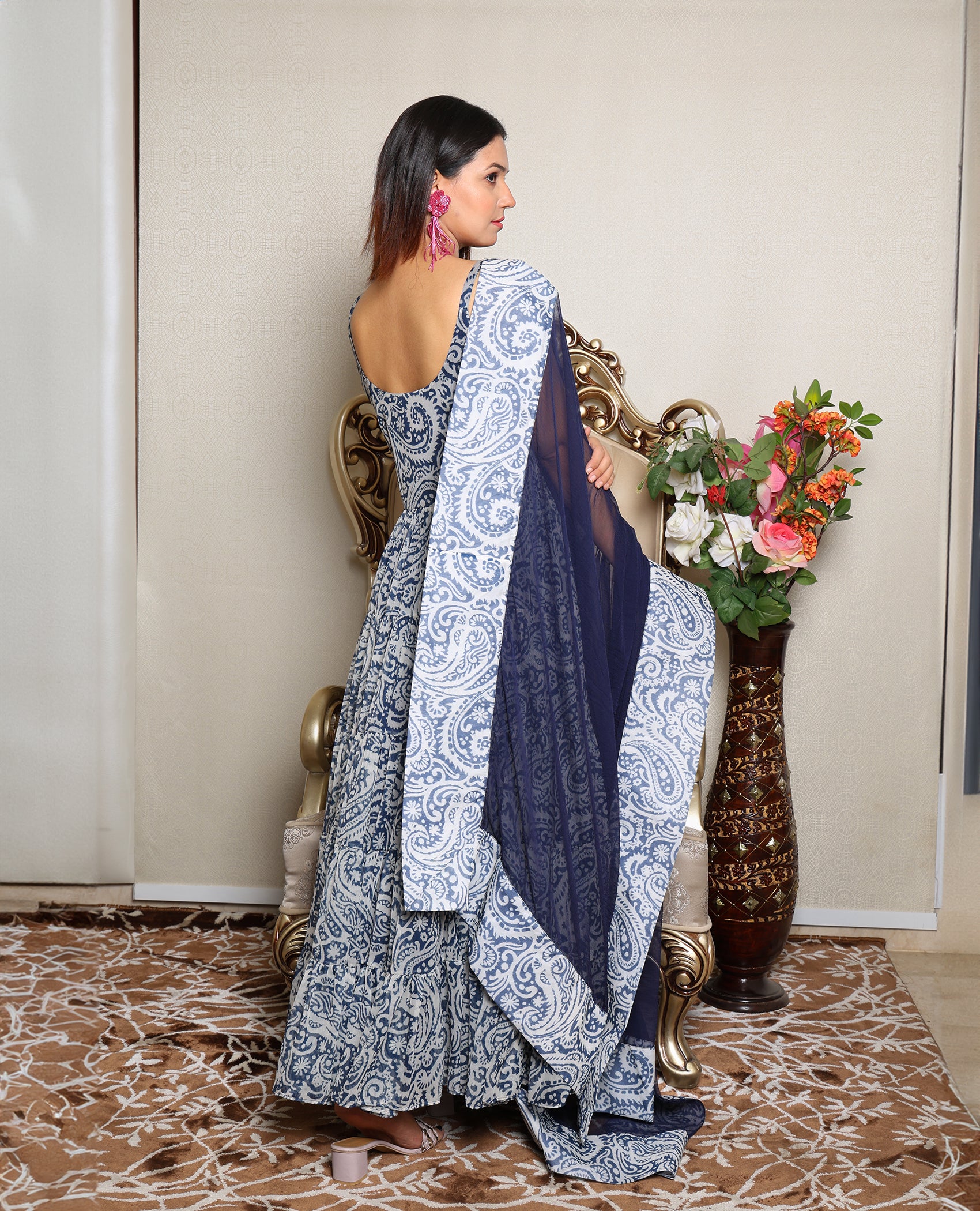 Kellpar Strap Navy Blue Gown With Dupatta