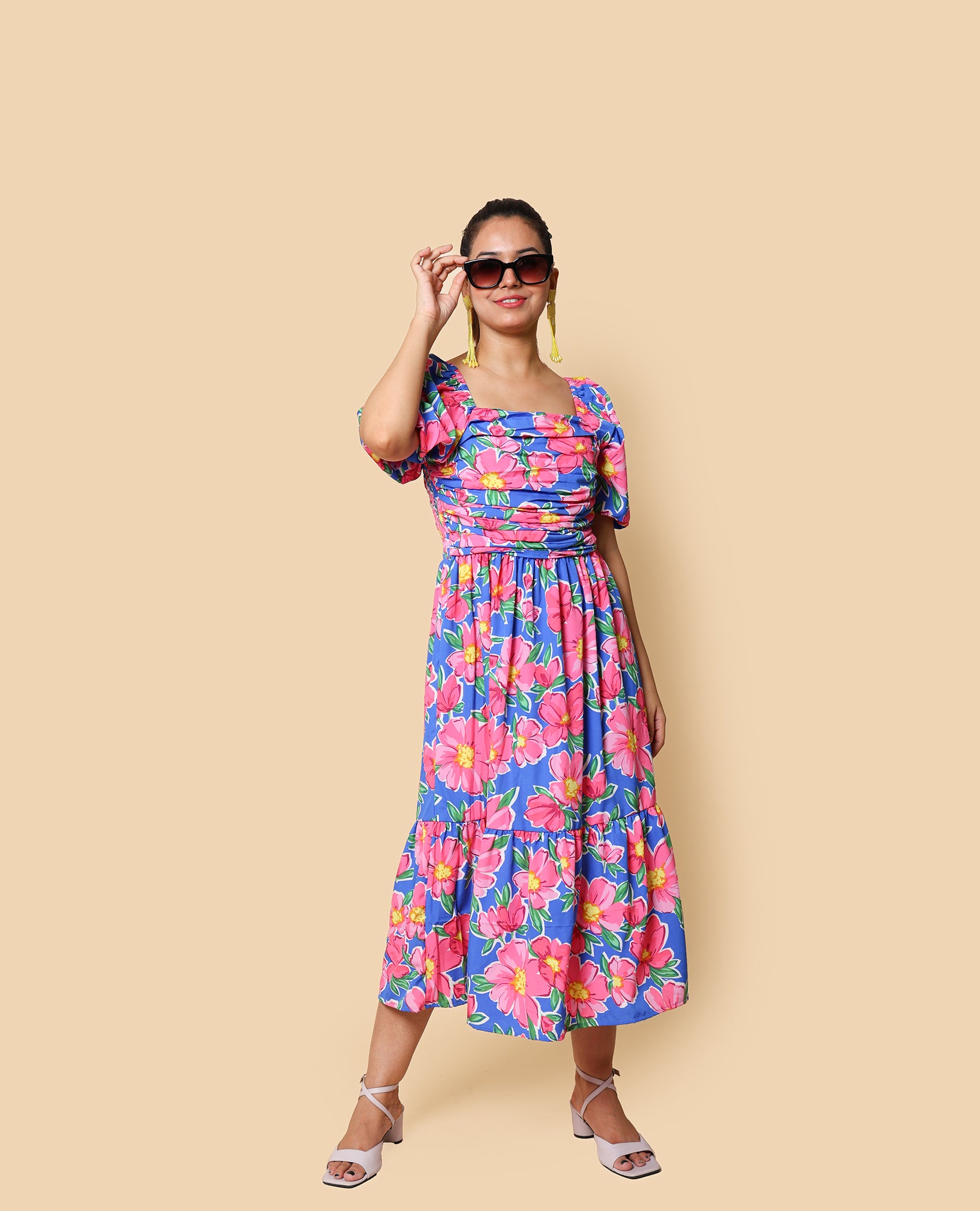 Kellpar Blue Floral Maxi Dress with Pink Flowers