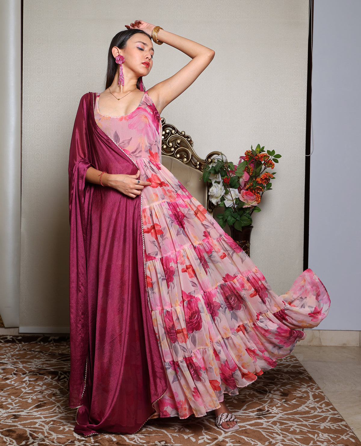 Kellpar Strap Floral Gown With Dupatta