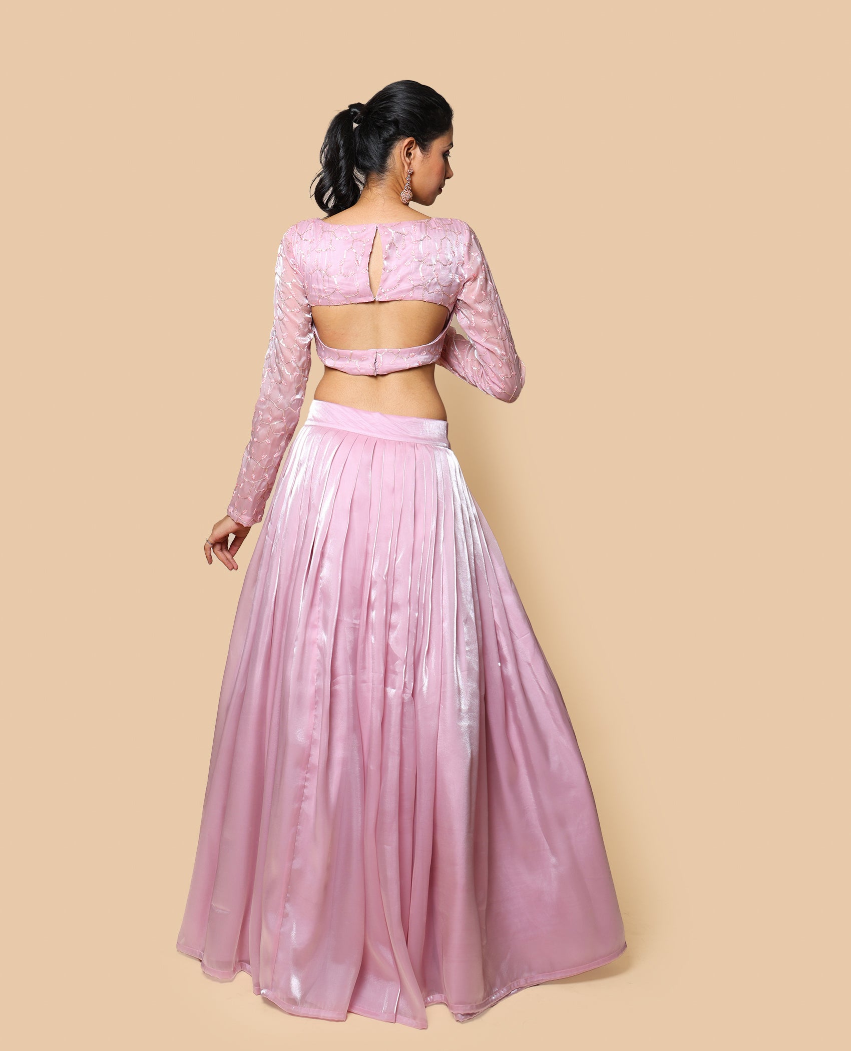 Kellpar  Shiny Pink Lehenga Set with Embroidery