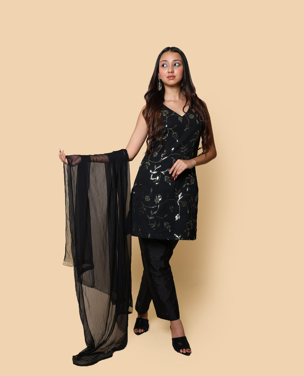 Kellpar  Sequins Embroidery Black Kurti Set