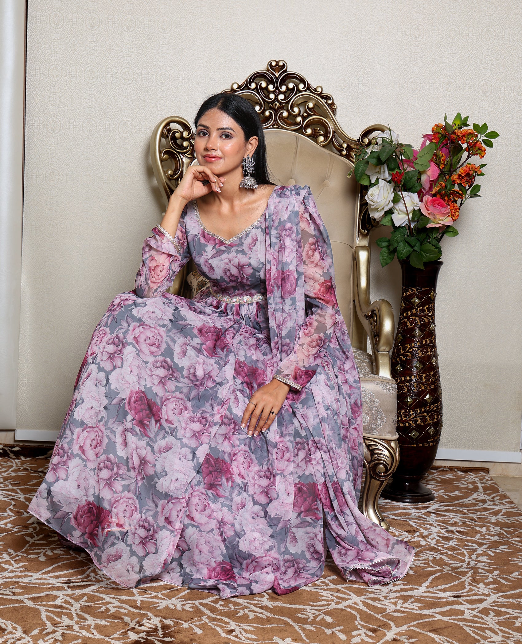 Kellpar Stunning Full Sleeve Floral Print Gown with Dupatta