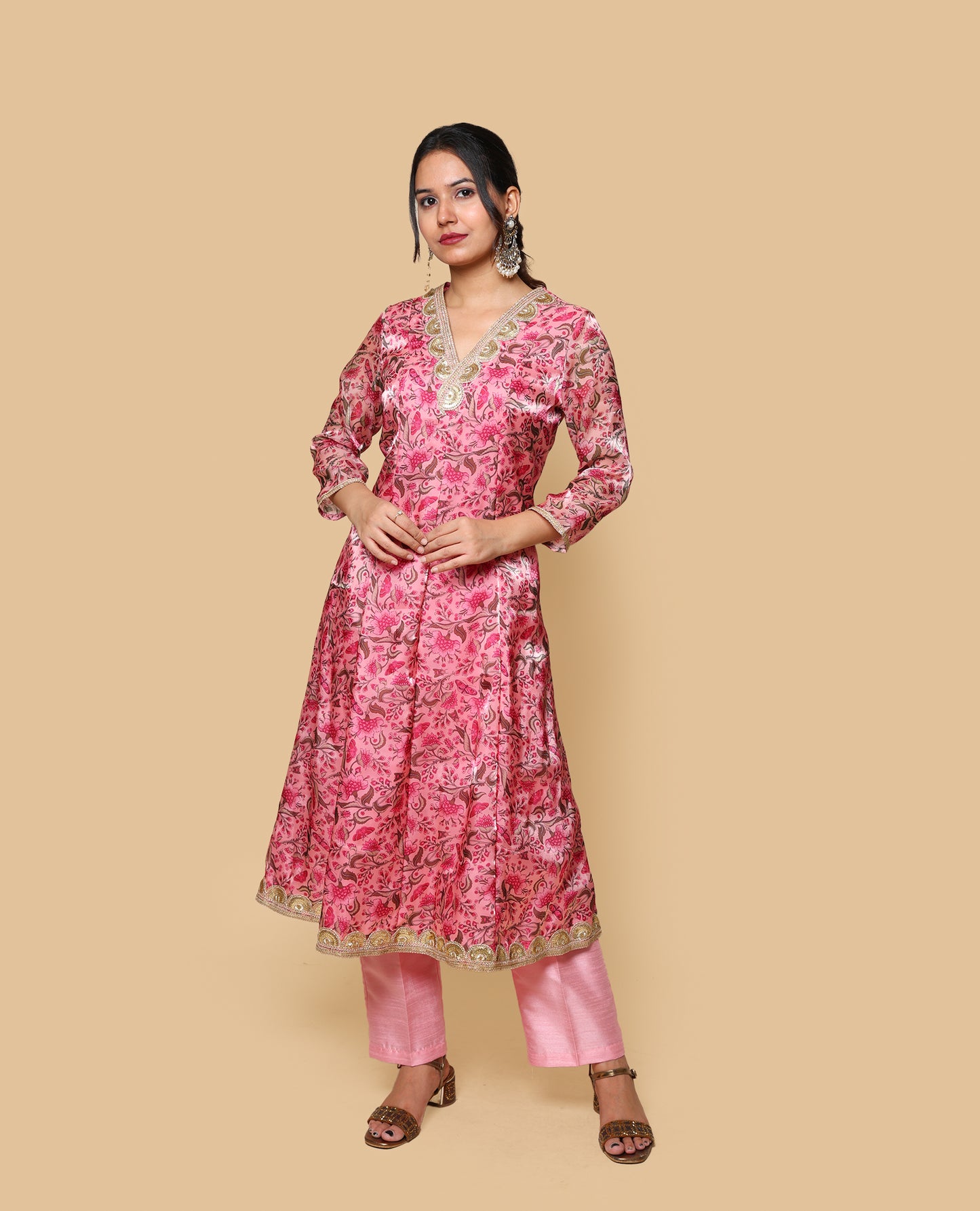 Kellpar  Pink Floral Kali Kurti with Pant