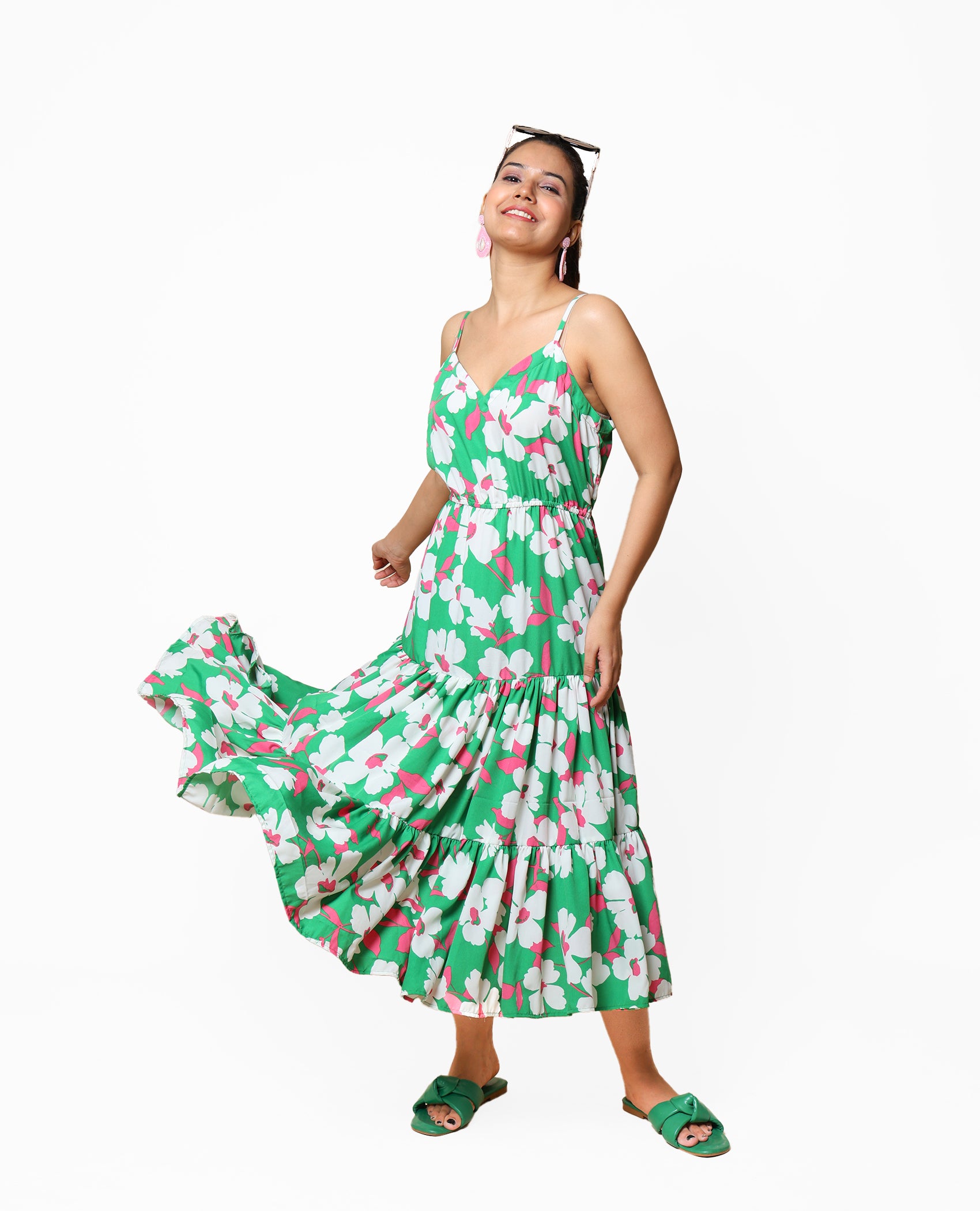 Kellpar Green floral Tiered Dress