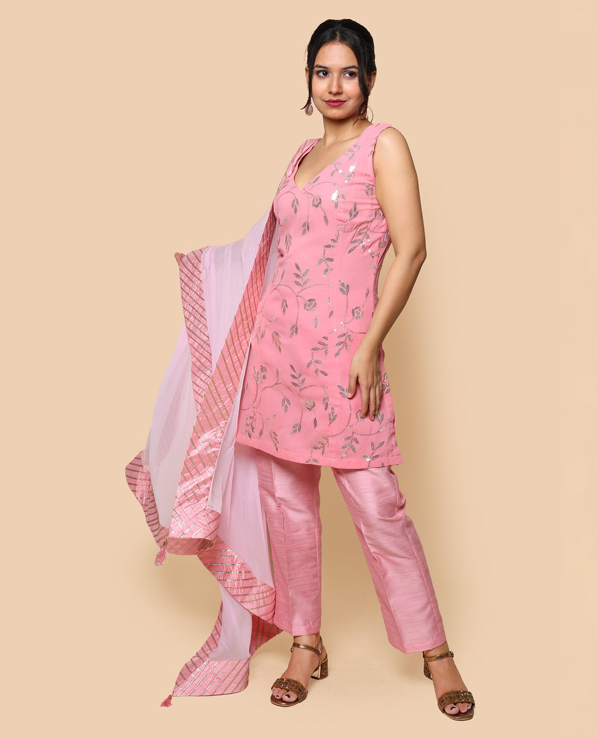 Kellpar  Sequins Embroidery pink Kurti Set